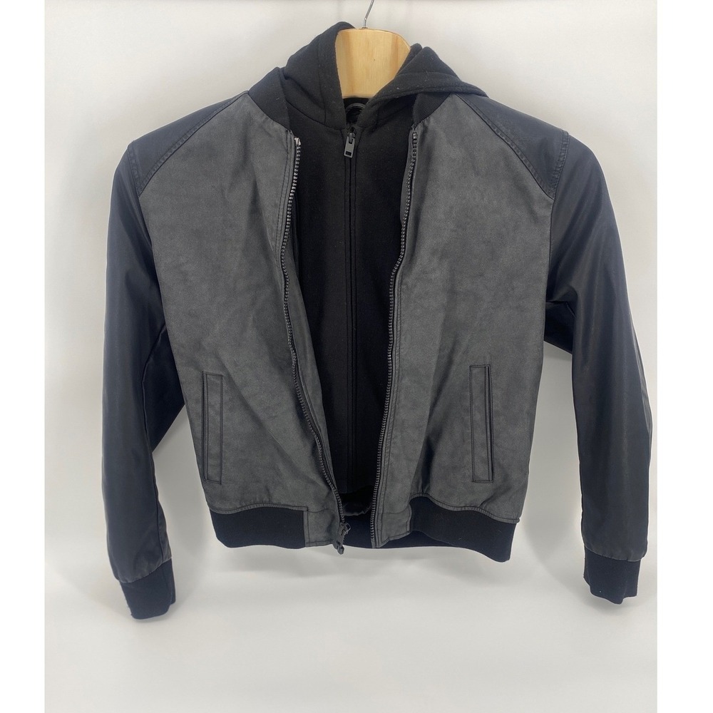 Express Bomber Jacket Mens Large Black Grey Excellent Hooded Faux Leather Mixed